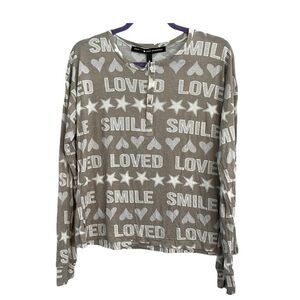 Aqua Lounge Bloomingdales Henley Sleep Shirt Tan White Knit Graphic Print Long S